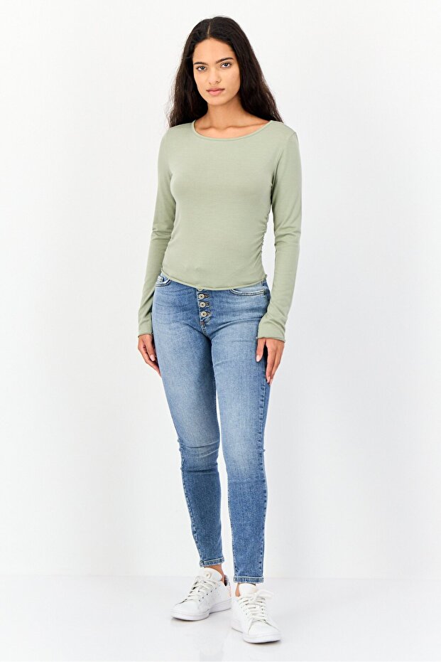 Women Round Neck Long Sleeve Plain Top, Sage Green - 4
