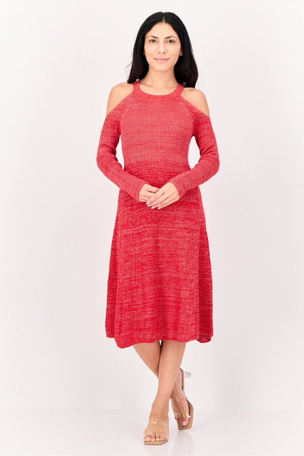 Women Metallic Fit and Flare Dress, Red