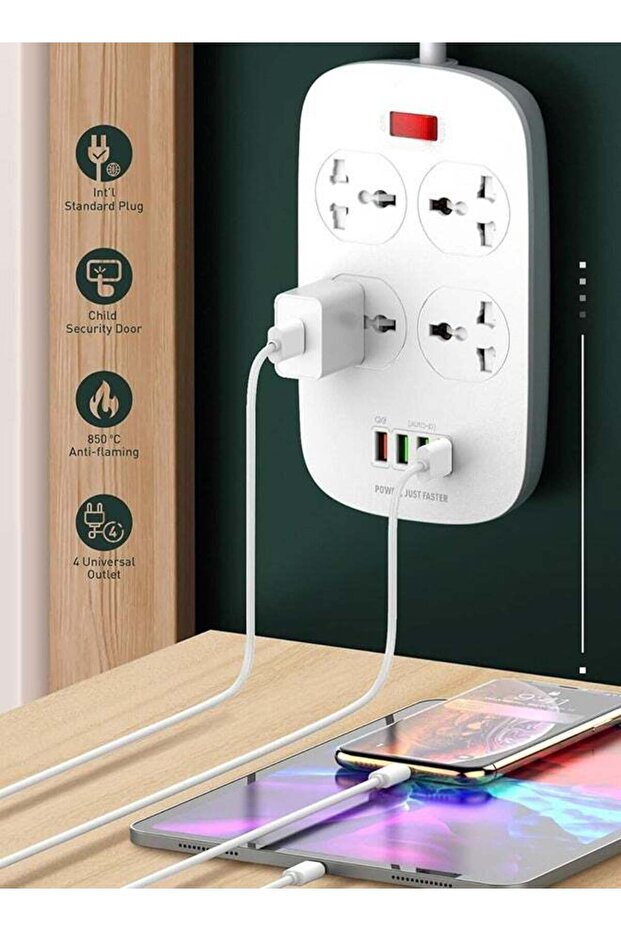 سلك تمديد طاقة عالمي 2 متر مزود بـ 4 مقابس طاقة و4 فتحات USB، وفتحة شحن سريع QC3.0