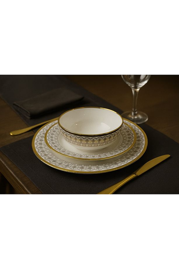 24 Parça - 6 Kişilik - Gold Desenli Fine Bone Yemek Takımı – Şık ve Zarif Tasarım” - 2