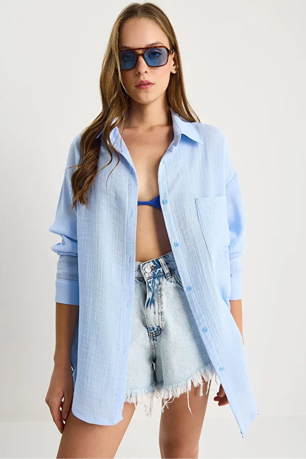 Kadın Oversize Basic Müslin Gömlek 60282021 - 4