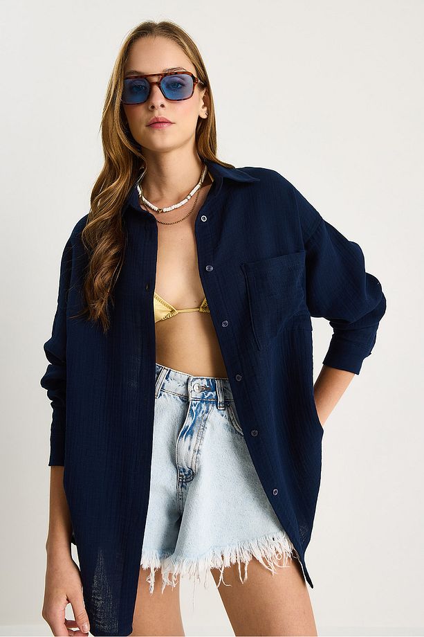 Kadın Oversize Basic Müslin Gömlek 60282021 - 5
