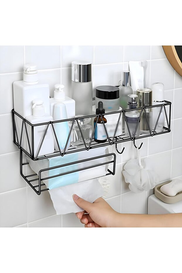Shower Caddy Organizer Bathroom Shelf With Tissue Holder And 3 Hooks With 2 Wall Mount Stickers