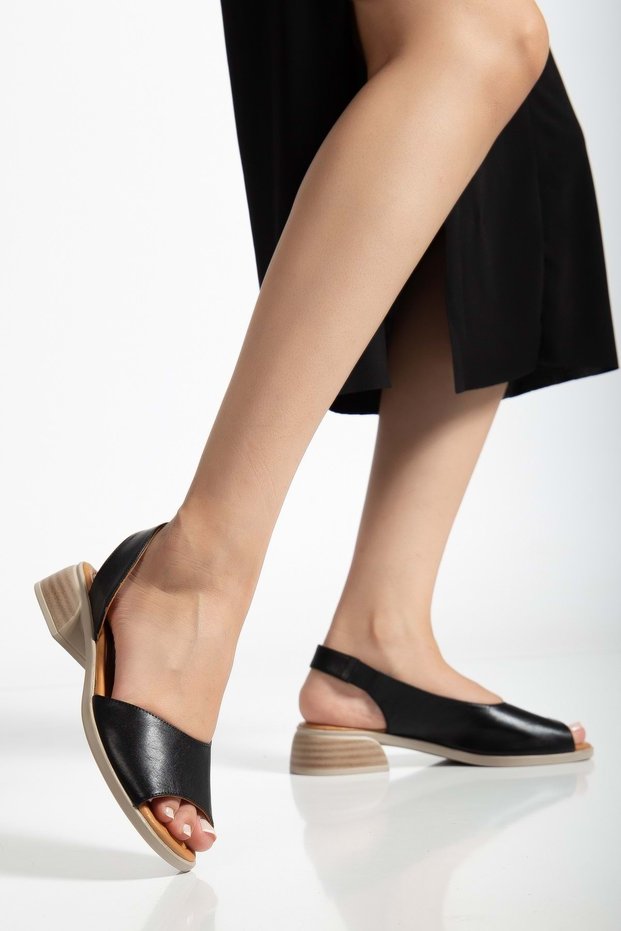 Women's Genuine Leather Daily Low Heel Sandals Black - Crepe Sole