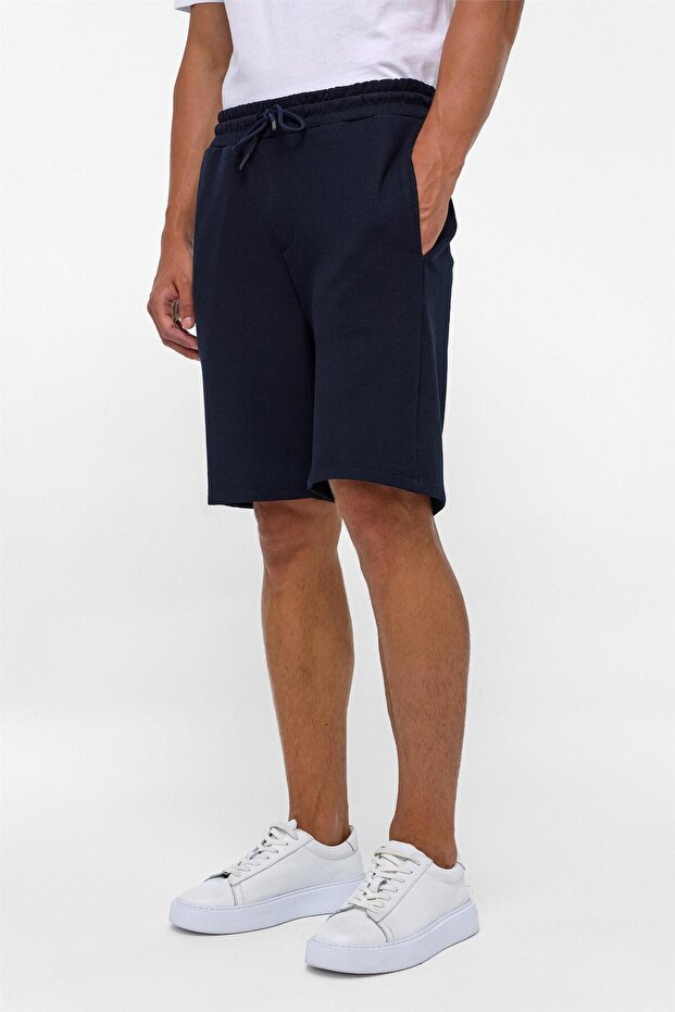 Lacivert Regular Armürlü Örme Şort - 3