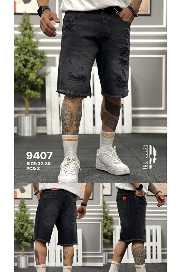 Erkek Siyah Baggy Denim Şort - 1