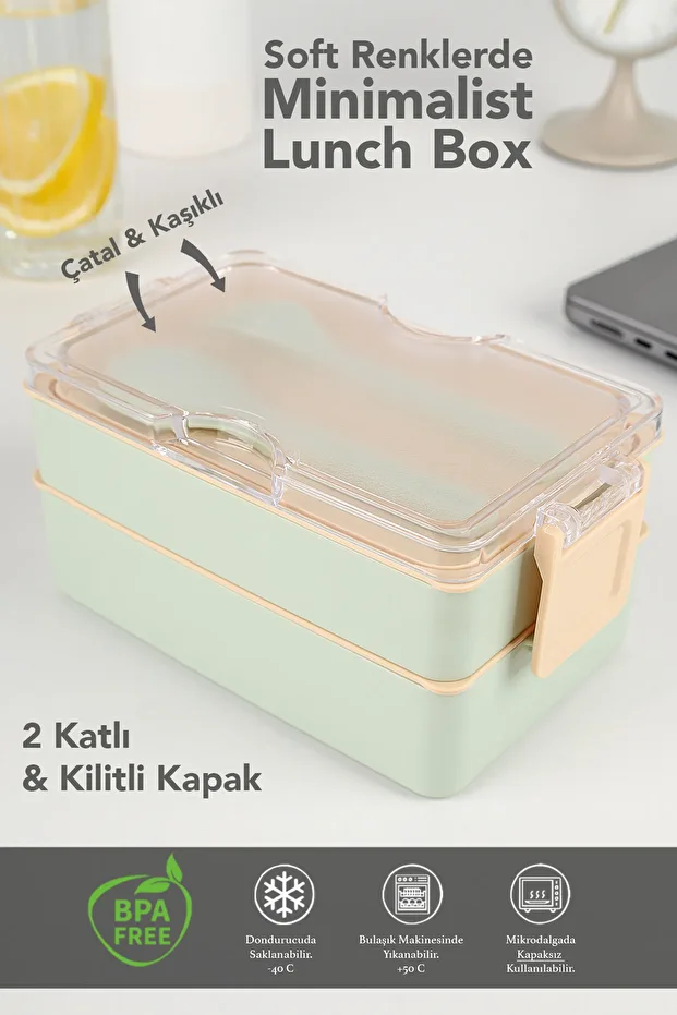 2 Layer Ziplock Lunch Box - Lunch Box with Self-Fork Spoon Lunch Box Storage Container Green - 2