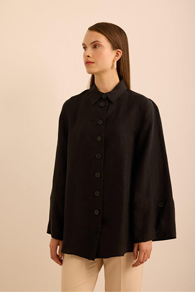 Siyah Rahat Form Keten Tunik - 5