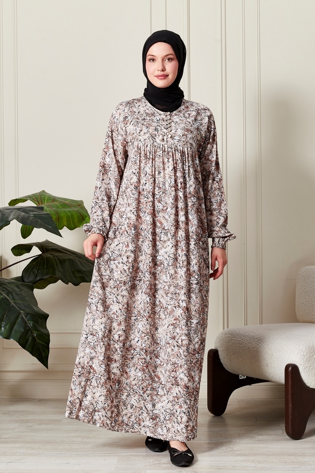 Shirred Robadan Buttoned Front Viscose Fabric Tesseture Clothing Mother Dress Prayer Dress