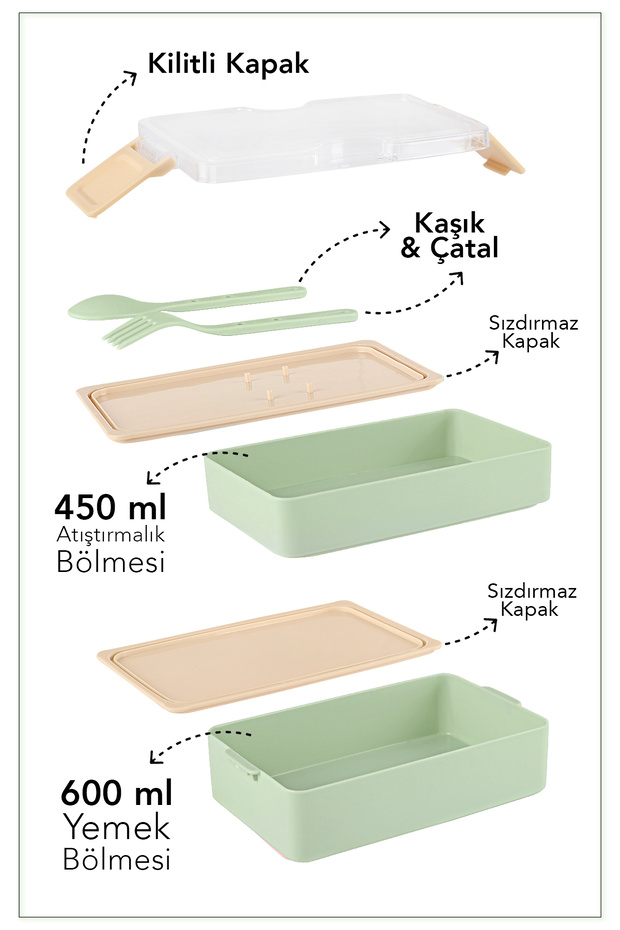 2 Layer Ziplock Lunch Box - Lunch Box with Self-Fork Spoon Lunch Box Storage Container Green - 3