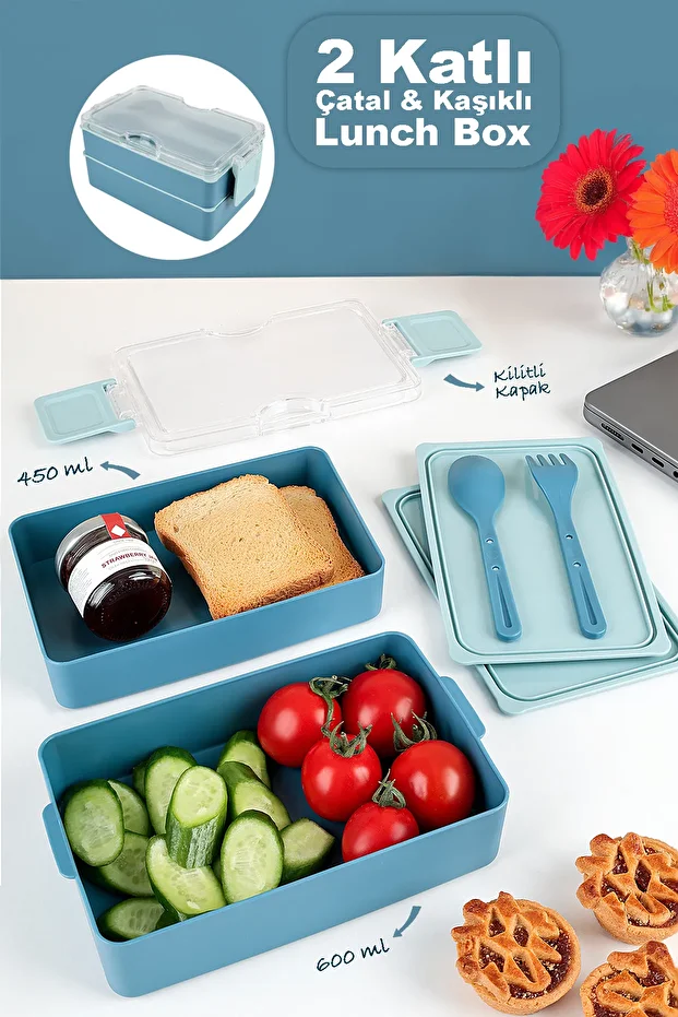 2 Layer Ziplock Lunch Box - Lunch Box with Self-Fork Spoon Lunch Box Storage Container Blue - 1