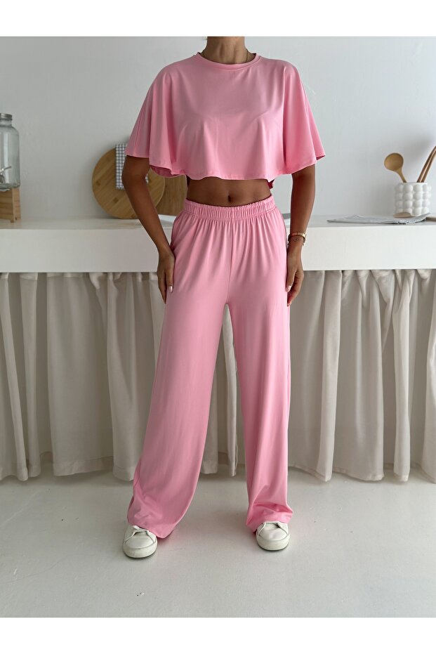 Summer Soft Textured Bottom Top Set / Top Bat Tshirt - Bottom Baggy Long Pants
