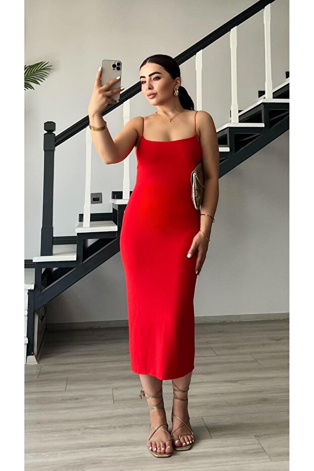 Kırmızı Çelik Örme Askılı Elbise - 4
