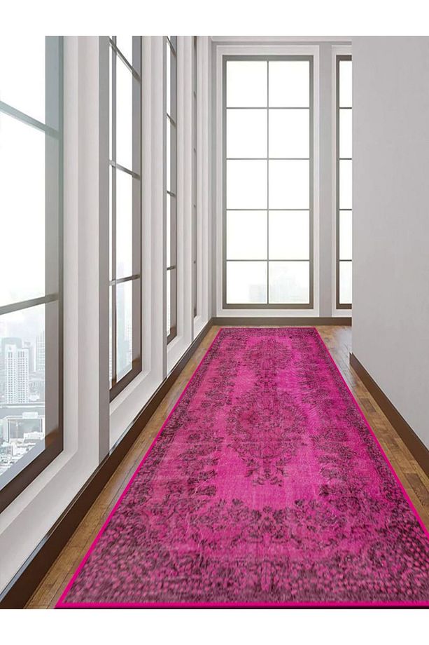 STOK SONU - Fuşya Dekoratif Taban Eskitme Desenli Salon Oturma Odası Halısı - 5