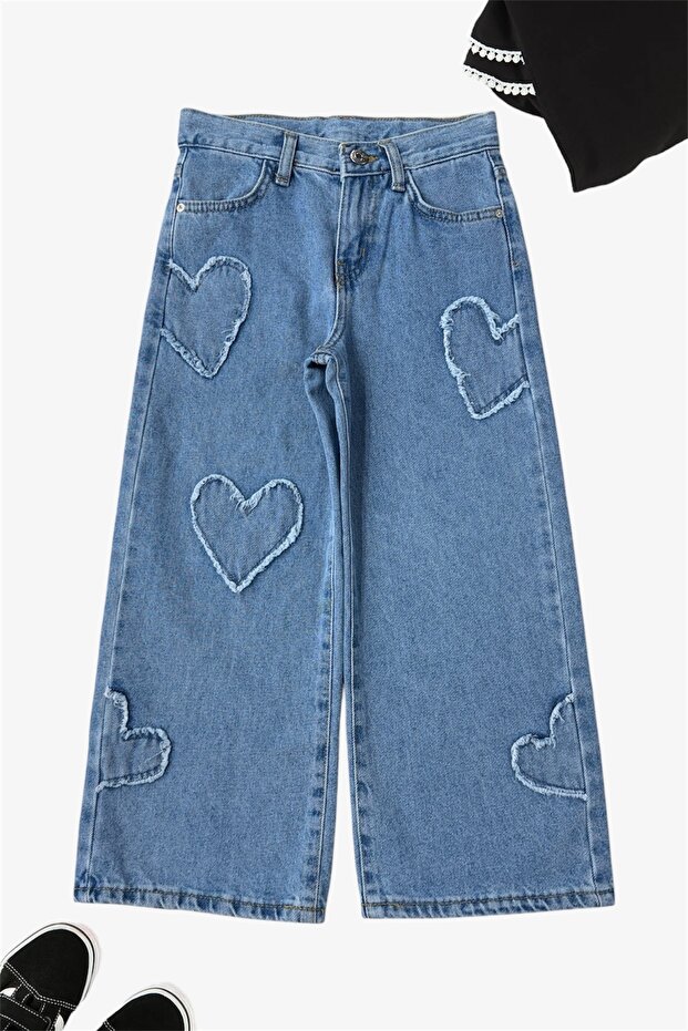 Heart Patterned Wide Leg Girl's Jeans (Age 6-16)
