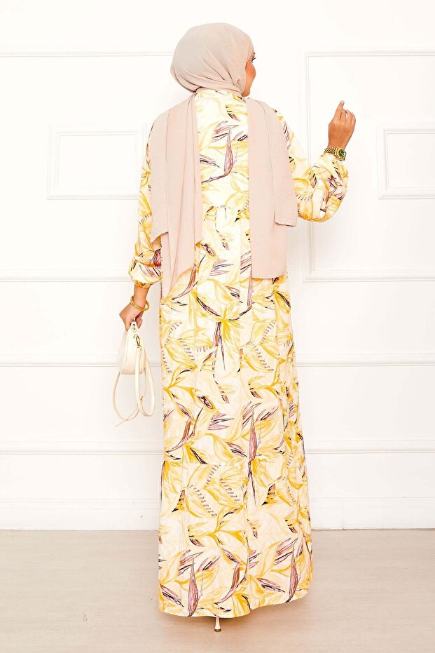 فستان مودال بنمط أوراق الشجر بنصف زر باللون الأصفر - 4