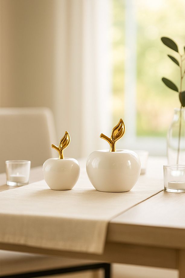 Modern Seramik Elma Dekor – 2’li Set, Altın Detaylı - Ofis Masası Dekoru - Raf Süsü - El Yapımı - 2