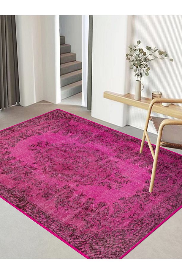 STOK SONU - Fuşya Dekoratif Taban Eskitme Desenli Salon Oturma Odası Halısı - 4