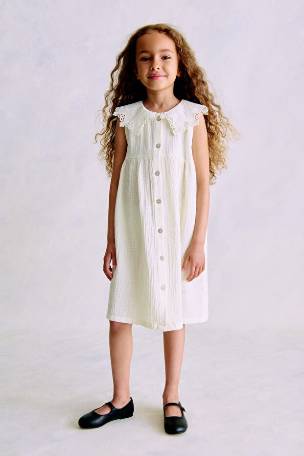 Yakalı Muslin Elbise - 4