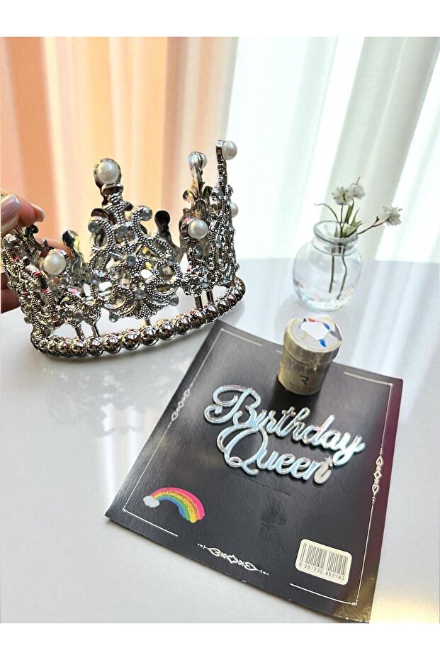 Silver Pearl Cake Crown Set (Cake Crown, Birthdayqueen Pastaplexis, Silver Cake Simi)