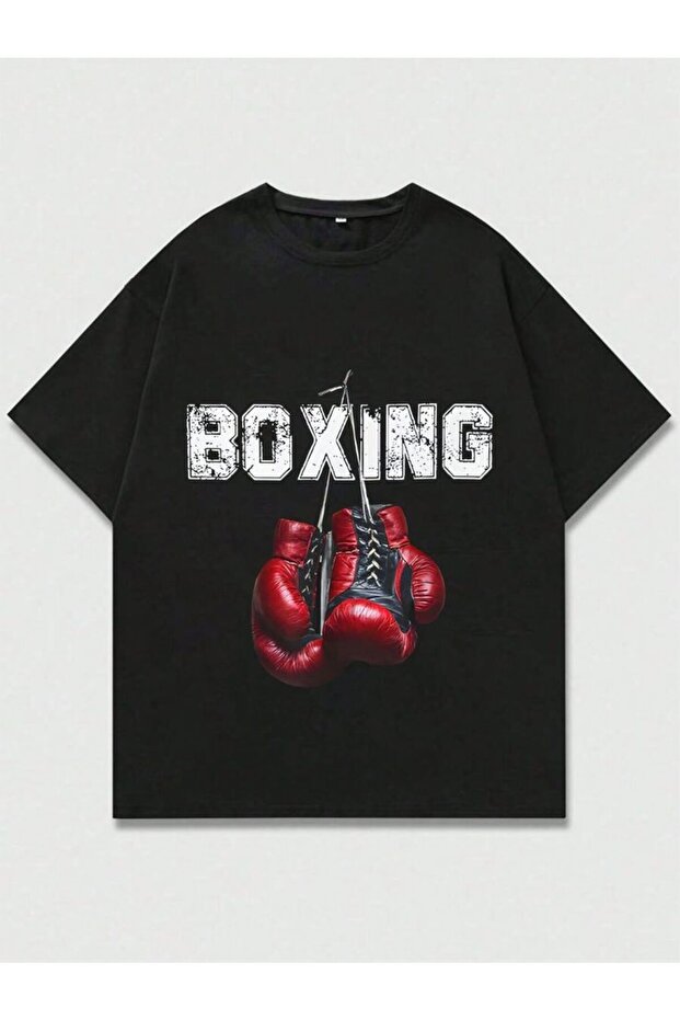 Boxing Printed Unisex Oversize Cut 100% Cotton Crew Neck Black Sports T-Shirt