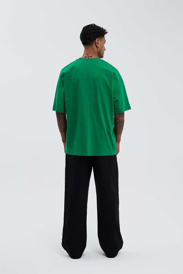 Erkek Basic Super Pamuklu Oversize Yeşil Tişört - 8
