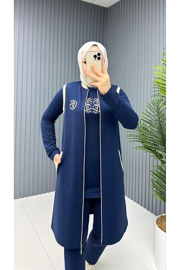 3'lü Tesettür Tunik Pantolon ve Yelek Takımı – İki iplik Pamuk Kumaş n-05452 - 3