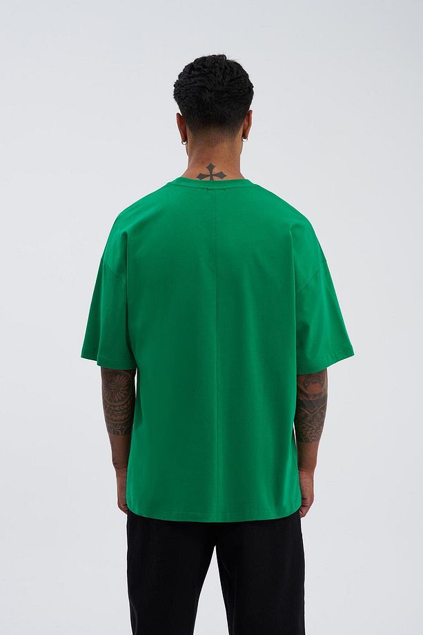 Erkek Basic Super Pamuklu Oversize Yeşil Tişört - 4