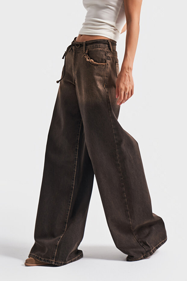 Women's Dark Tint Color 21w5-81 Palazzo Fit Pocket Distressed Belt Detail 100% Cotton Denim Jeans