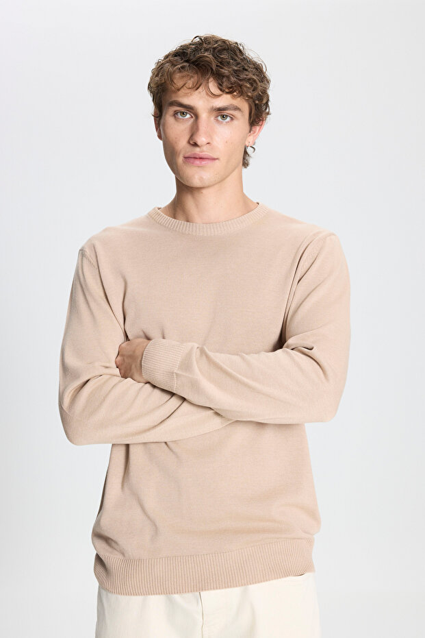 Men's Beige Melange Standard Fit Normal Cut Crew Neck Cotton Knitwear Sweater