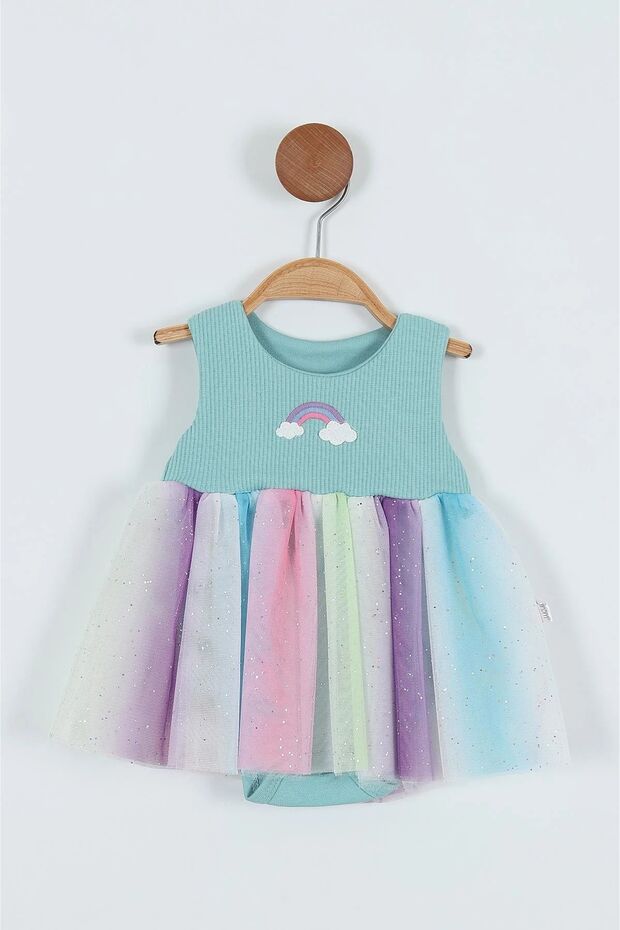 Rainbow Embroidered Tulle Snap Fastener Bodysuit Dress (100% Cotton)