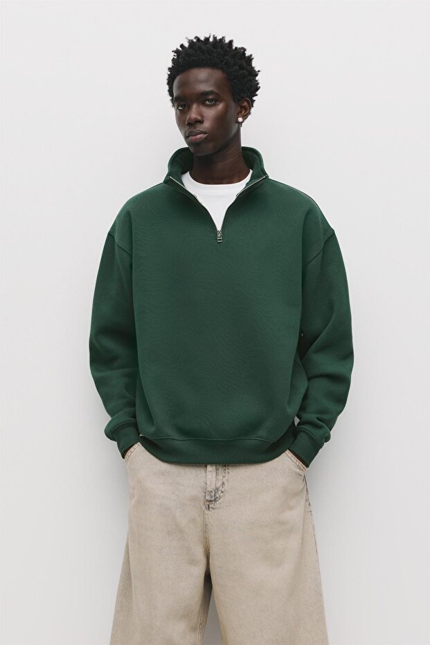 Fermuarlı dik yaka basic sweatshirt - 1