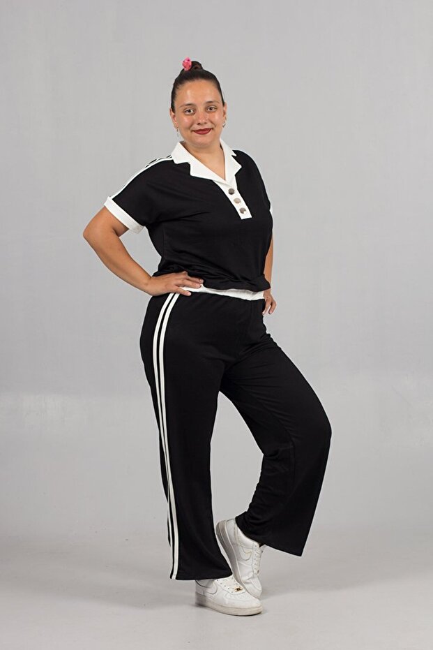 Tiril Tiril Combed Cotton Short Sleeve Stripe Black Tracksuit Set | Comfortable & Stylish | Plus Size
