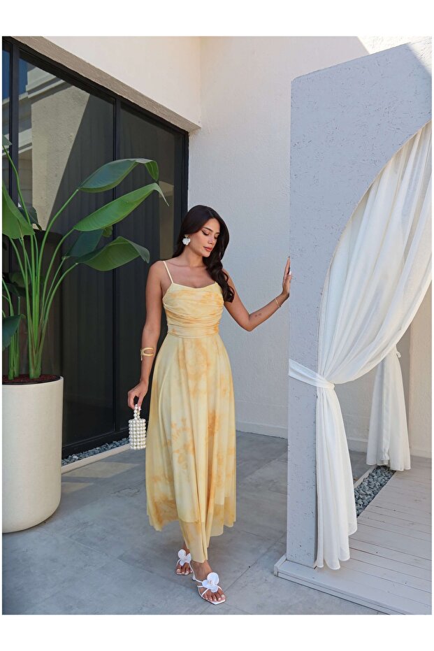 Askılı Drapeli Şifon Elbise - 2