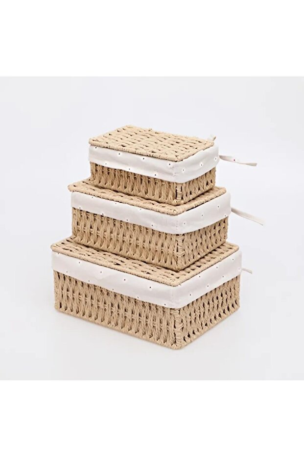 Woven Weaving Storage Basket Set Of 3 With Cover Decorative Bins Rectangular With Fabric Lining