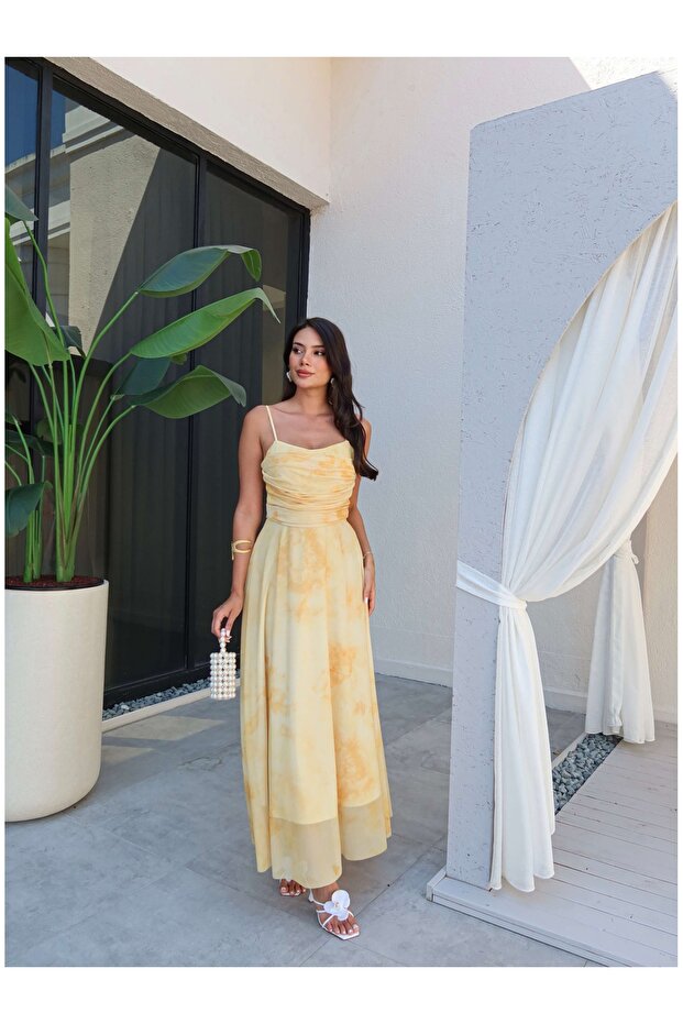 Askılı Drapeli Şifon Elbise - 1