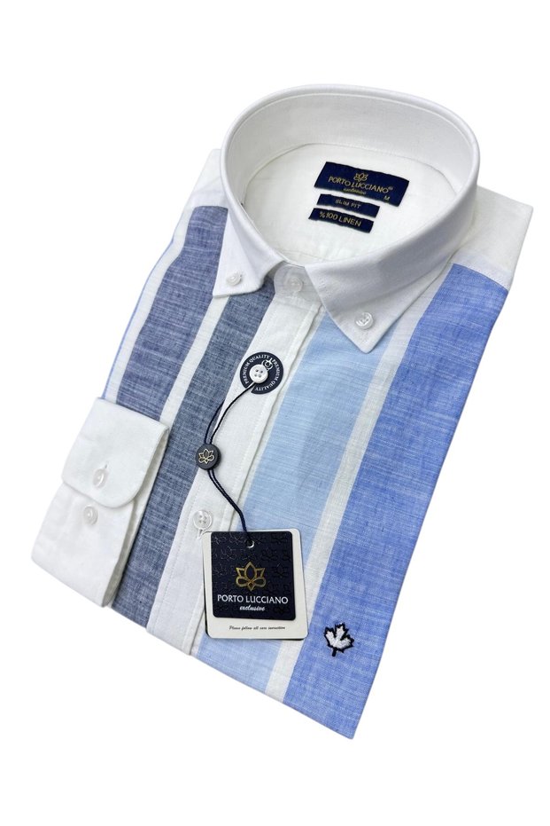 Men's Slim Fit Cut Linen Striped Long Sleeve Shirt