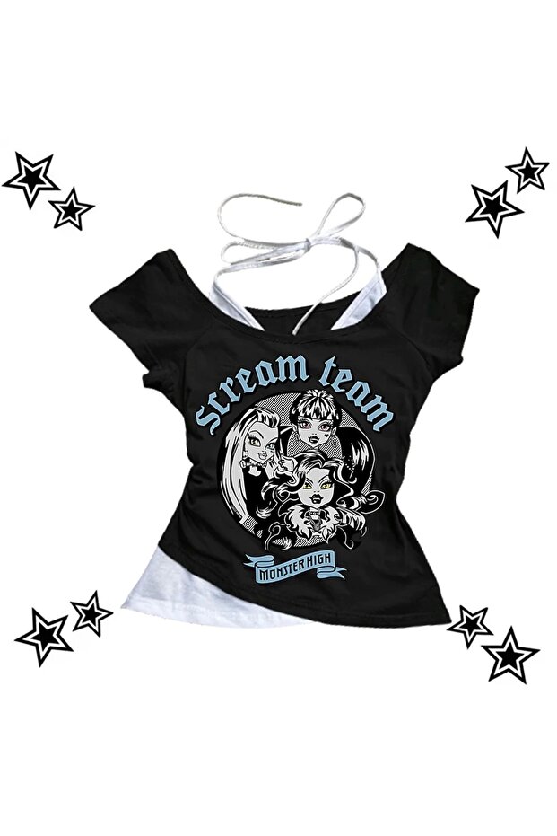 Black Gothic Scream Team Collar Short Sleeve Full Body Crop with Additional Strap