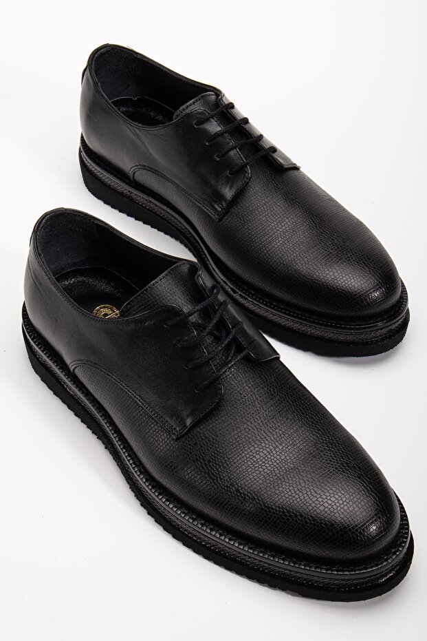 Genuine Leather Men's Classic Shoes Black Thick Sole Tied Flat