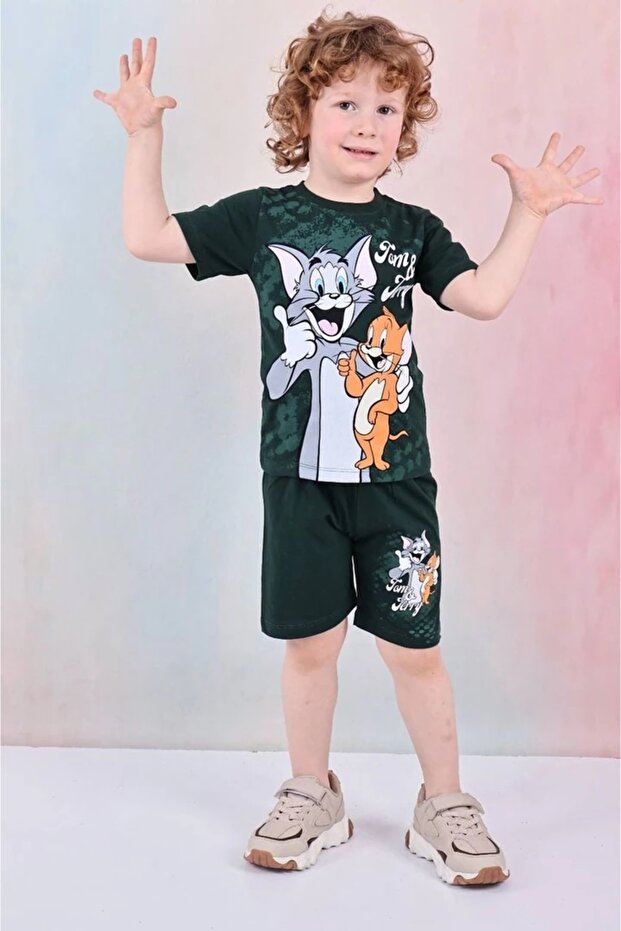 Pjkskt Tom&Jerry Patterned Green Shorts Boys Short Sleeve Suit 7611-Y