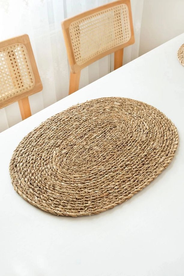 1 Adet Oval Hasır Amerikan Servis Supla 45x30cm Yuvarlak Bambu Örme Sofra Sunum Altlığı Tekli 1'li - 1