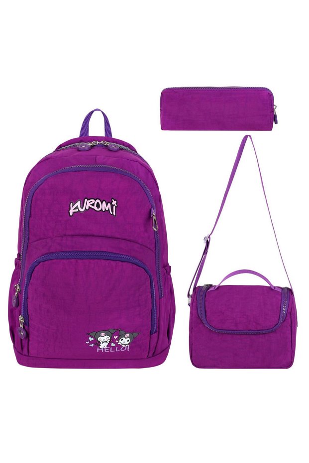 Kuromi Fabric Primary School Bag Printed Set of 3 (Bag.Thermal Lunch.Pencil Case)