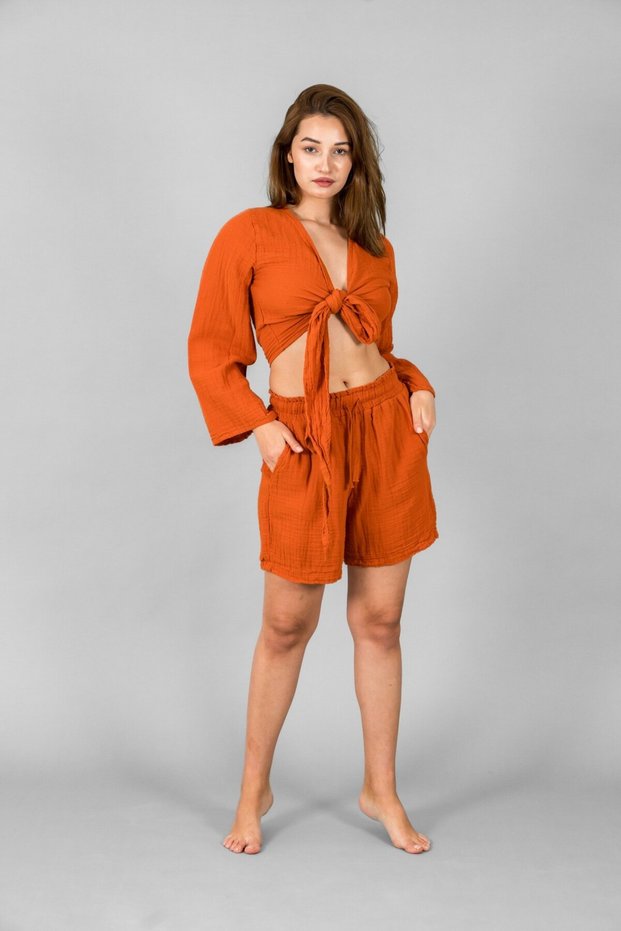 Women's Shorts-Tie Detail Crop Set