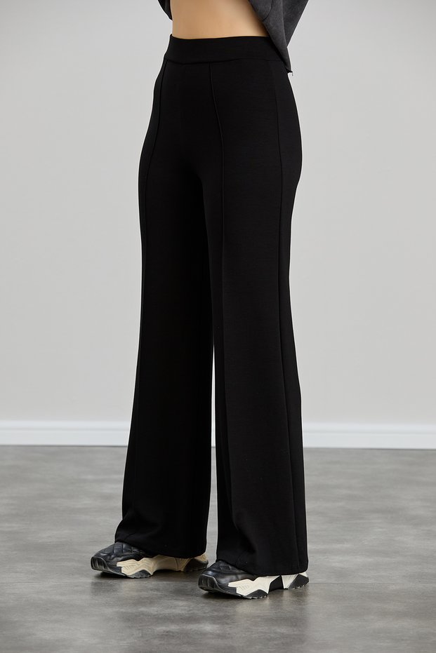 Women's Black Modal Wide Leg Striped High Waist Elastic Waist Soft Textured Lycra Trousers