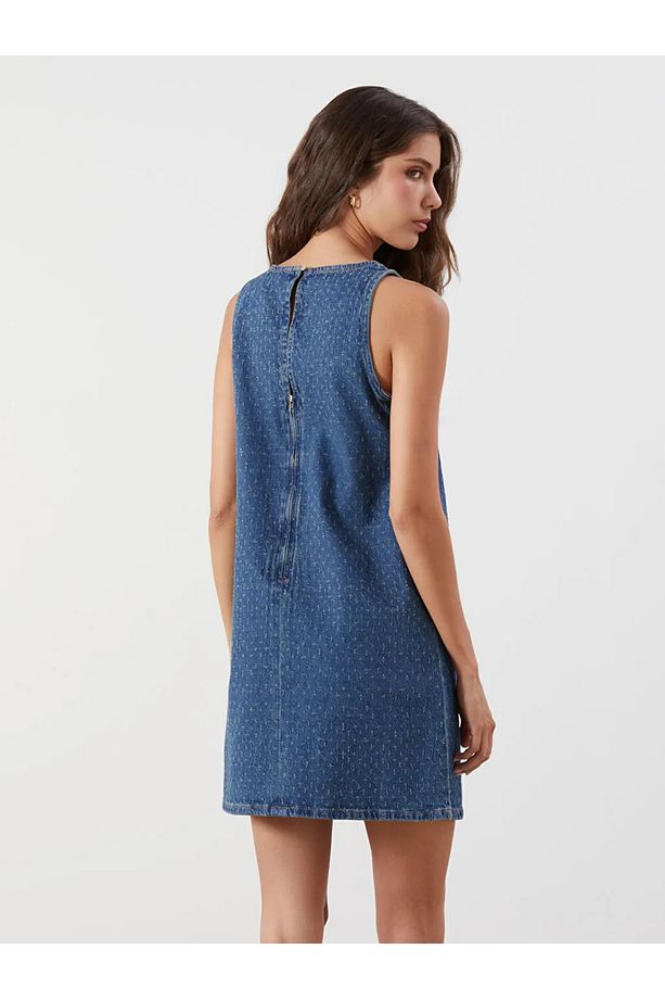 LCW Vision Indigo Bisiklet Yaka Kendinden Desenli Mini Jean Elbise - 4