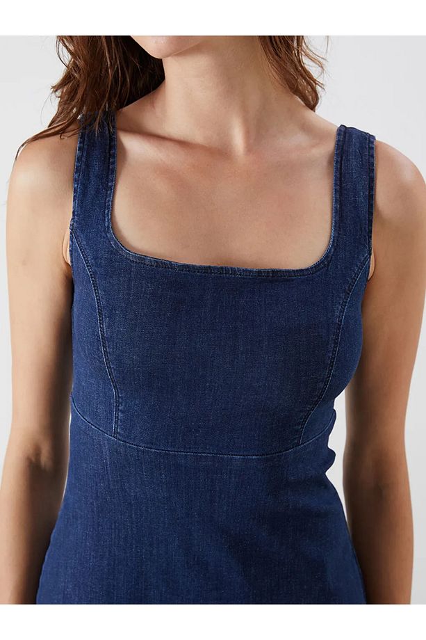 LCW Vision Indigo Kare Yaka Mini Jean Elbise - 3