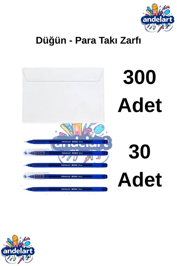 Düğün, Para Takı Zarfı Ağzı Yapışkanlı 300 Adet Ve 30 Adet Tükenmez Kalem - 1