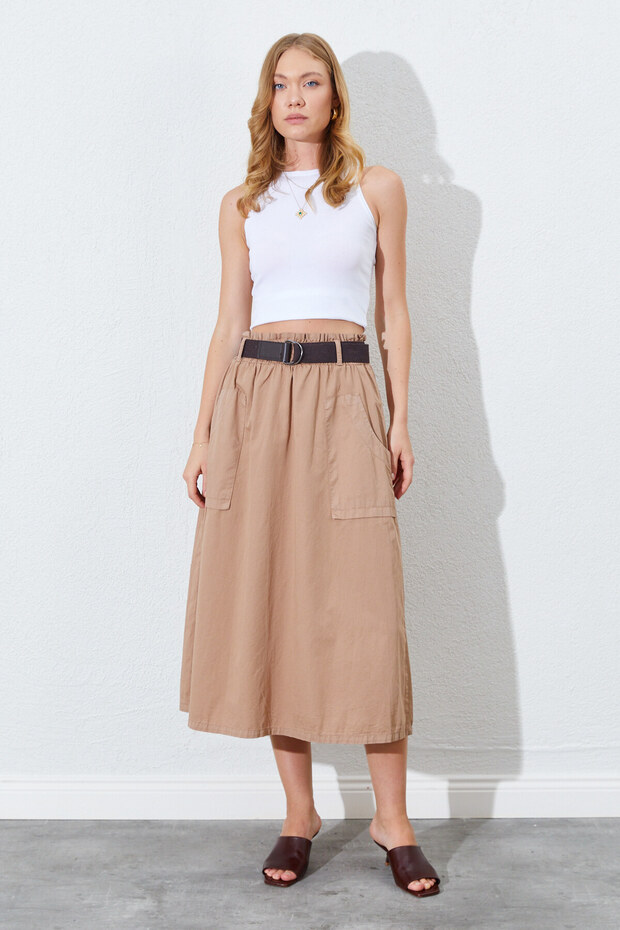 Midi Gabardine Skirt with Belt Detail, Pockets and Elastic Waist | Ek100293081