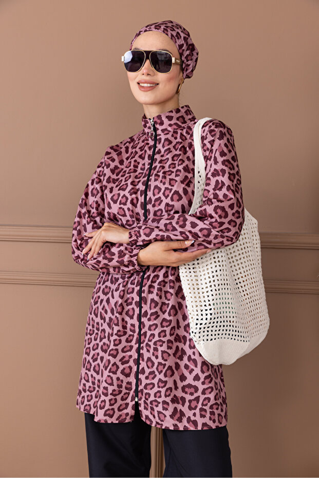 Leopard Patterned Hijab and Bag Gift Elastic Waist Shawl Patterned Zippered Hijab Swimsuit - 4