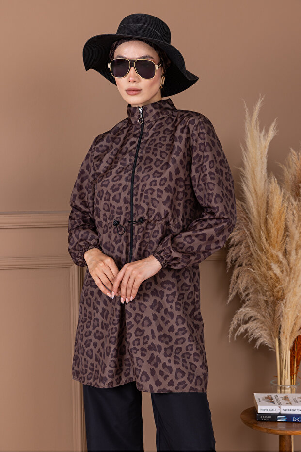 Leopard Patterned Hijab and Bag Gift Elastic Waist Shawl Patterned Zippered Hijab Swimsuit - 3